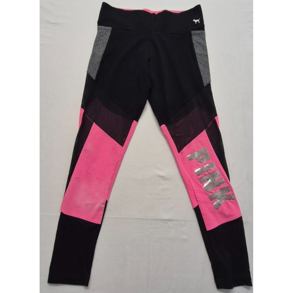 Pink Victoria Secret‎ women's pink/black leggings sz M glittered logo 80's theme